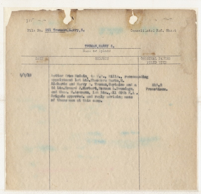 Consolidated Reference Sheet for Captain Harry S. Truman