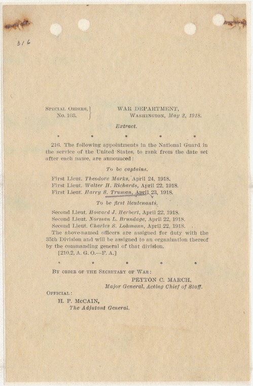 Special Orders, No. 103, Appointment to Captain for 1st Lt. Harry S. Truman
