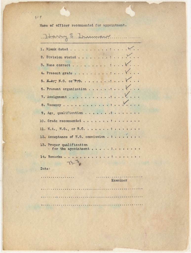 Officer Appointment Checklist for Harry S. Truman