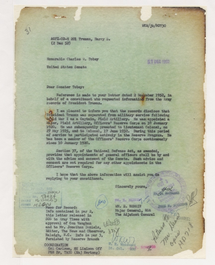 Correspondence Between Senator Charles W. Tobey and Major General William E. Bergin