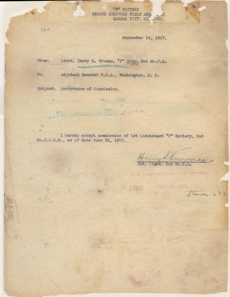 Memorandum from Lieutenant Harry S. Truman to Adjutant General, Washington, D. C.
