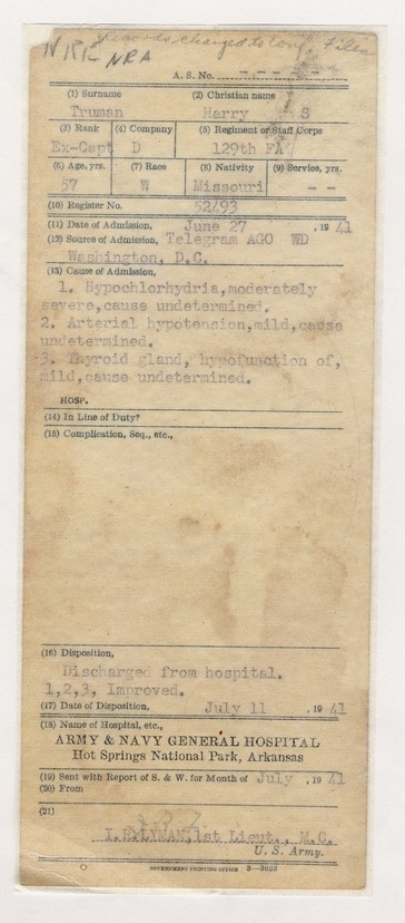 Medical Record Notes of First Lieutenant I. R. Lyman on Senator Harry S. Truman