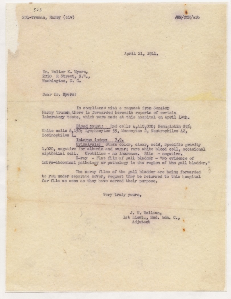 Letter from First Lieutenant J. W. Mollaun to Dr. Walter K. Myers