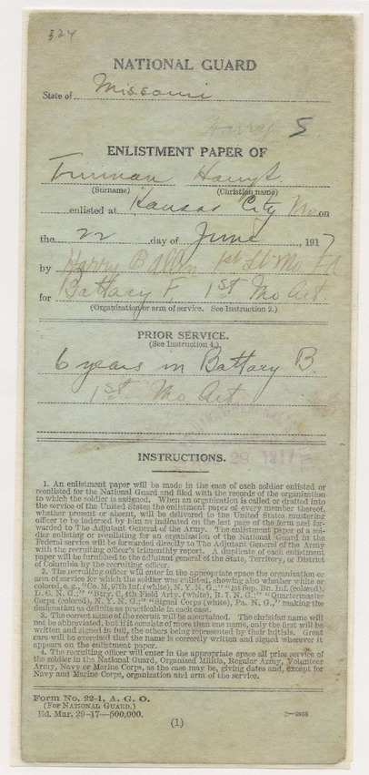 National Guard, State of Missouri, Enlistment Paper of Harry S. Truman