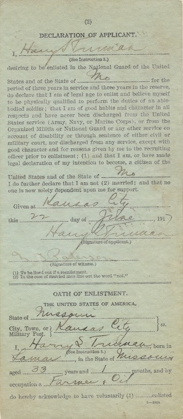 National Guard, State of Missouri, Enlistment Paper of Harry S. Truman