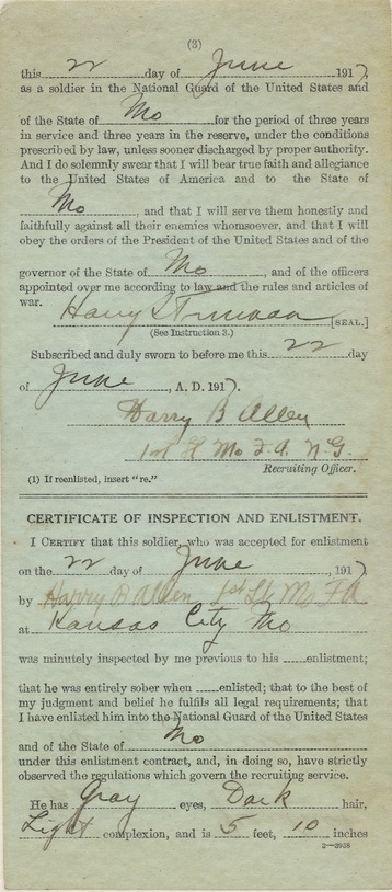 National Guard, State of Missouri, Enlistment Paper of Harry S. Truman