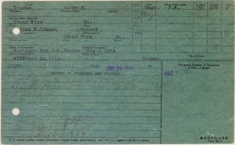 Record Card for Captain Harry S. Truman