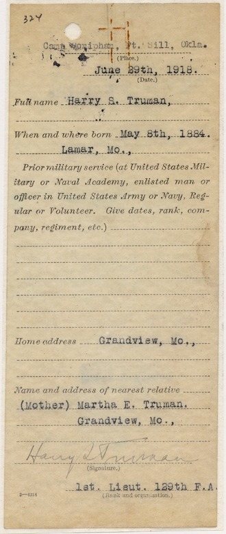 United States Army Enlistment Paper for Harry S. Truman