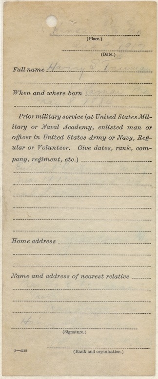 Enlistment Paper for Harry S. Truman