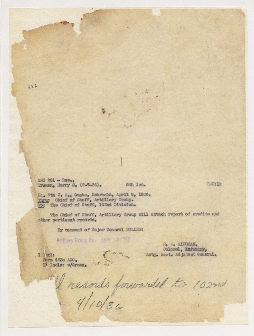 Record of Communication Received from Unit Instructor, Headquarters, Western Missouri Artillery Group to Chief of Staff, 102d Division, with Related Material