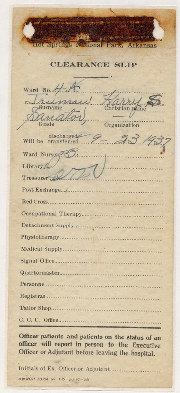 Admission and Clinical Records from Army & Navy General Hospital, Hot Springs, Arkansas for Senator Harry S. Truman