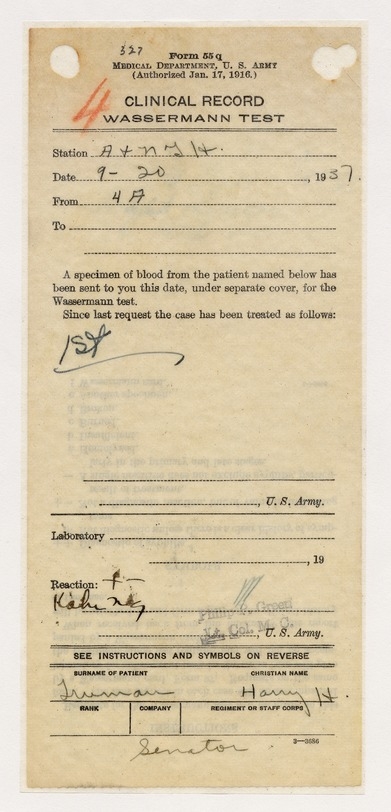 Admission and Clinical Records from Army & Navy General Hospital, Hot Springs, Arkansas for Senator Harry S. Truman