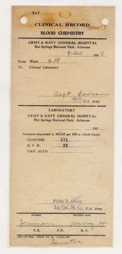 Admission and Clinical Records from Army & Navy General Hospital, Hot Springs, Arkansas for Senator Harry S. Truman