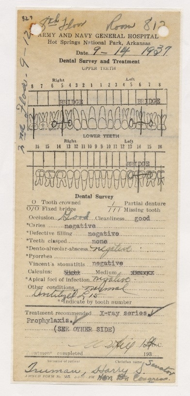 Admission and Clinical Records from Army & Navy General Hospital, Hot Springs, Arkansas for Senator Harry S. Truman