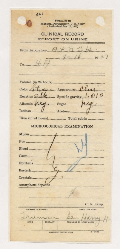 Admission and Clinical Records from Army & Navy General Hospital, Hot Springs, Arkansas for Senator Harry S. Truman