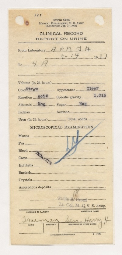 Admission and Clinical Records from Army & Navy General Hospital, Hot Springs, Arkansas for Senator Harry S. Truman