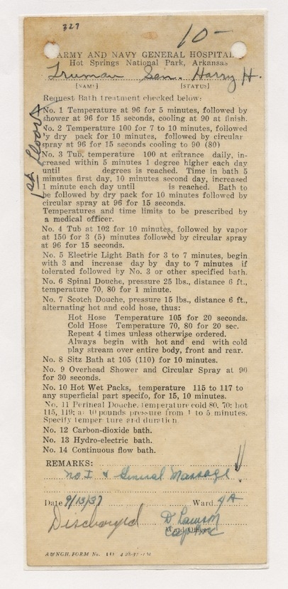 Admission and Clinical Records from Army & Navy General Hospital, Hot Springs, Arkansas for Senator Harry S. Truman