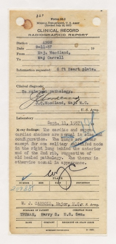 Admission and Clinical Records from Army & Navy General Hospital, Hot Springs, Arkansas for Senator Harry S. Truman