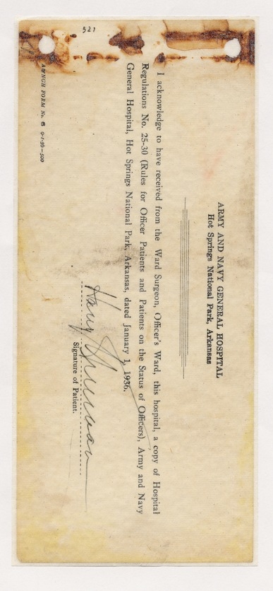 Admission and Clinical Records from Army & Navy General Hospital, Hot Springs, Arkansas for Senator Harry S. Truman