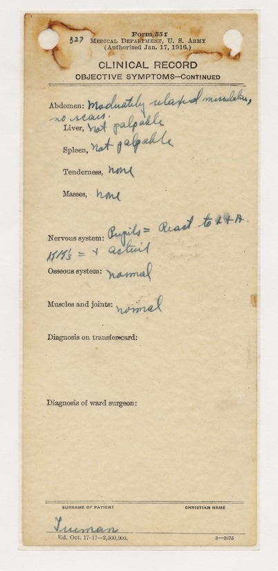 Admission and Clinical Records from Army & Navy General Hospital, Hot Springs, Arkansas for Senator Harry S. Truman