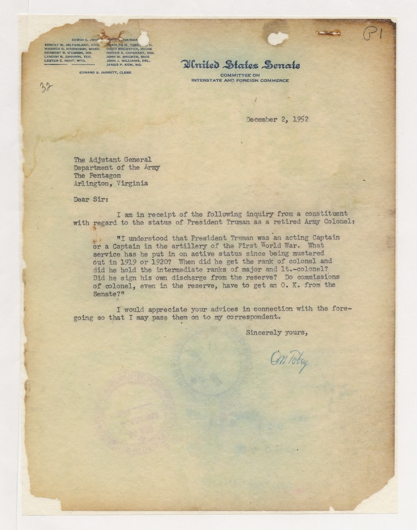Correspondence Between Senator Charles W. Tobey and Major General William E. Bergin