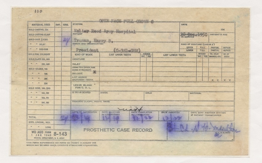 Prosthetic (Dental) Case Record for President Harry S. Truman