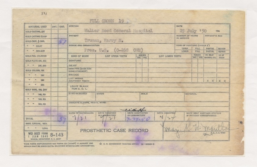 Prosthetic (Dental) Case Record for President Harry S. Truman