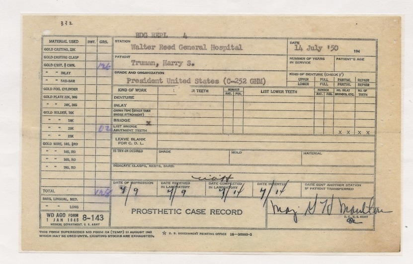 Prosthetic Case Record (Dental) for President Harry S. Truman