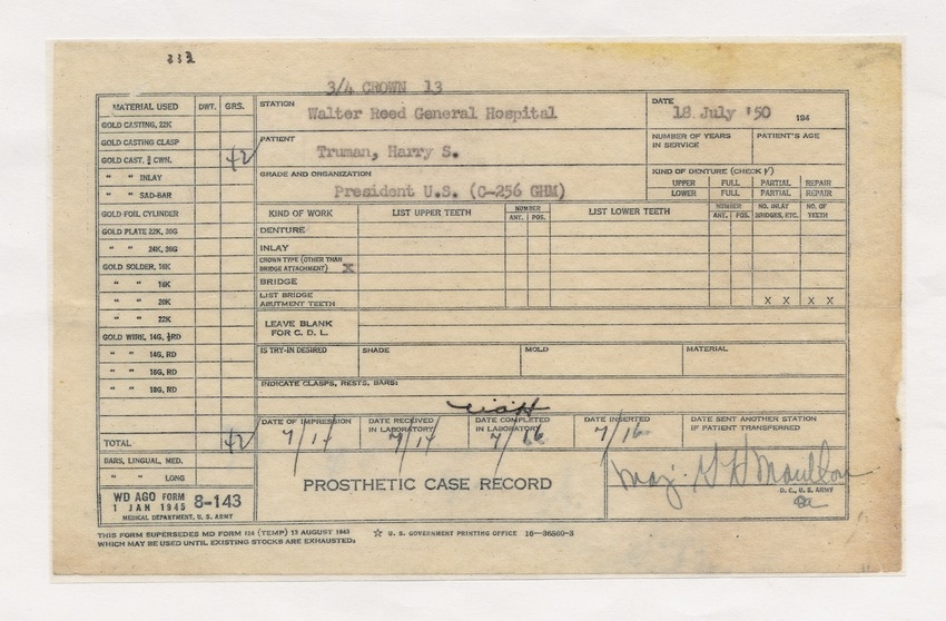 Prosthetic Case Record (Dental) for President Harry S. Truman