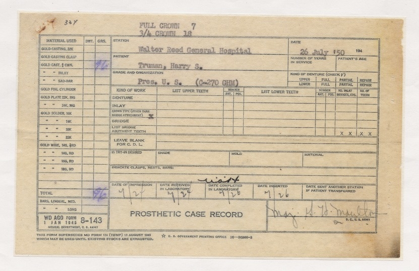 Prosthetic (Dental) Case Record for President Harry S. Truman