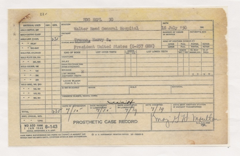 Prosthetic Case Record for President Harry S. Truman