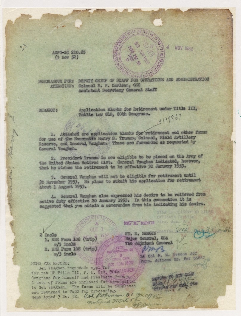 Memorandum from Major General William E. Bergin to Colonel R. P. Carlson