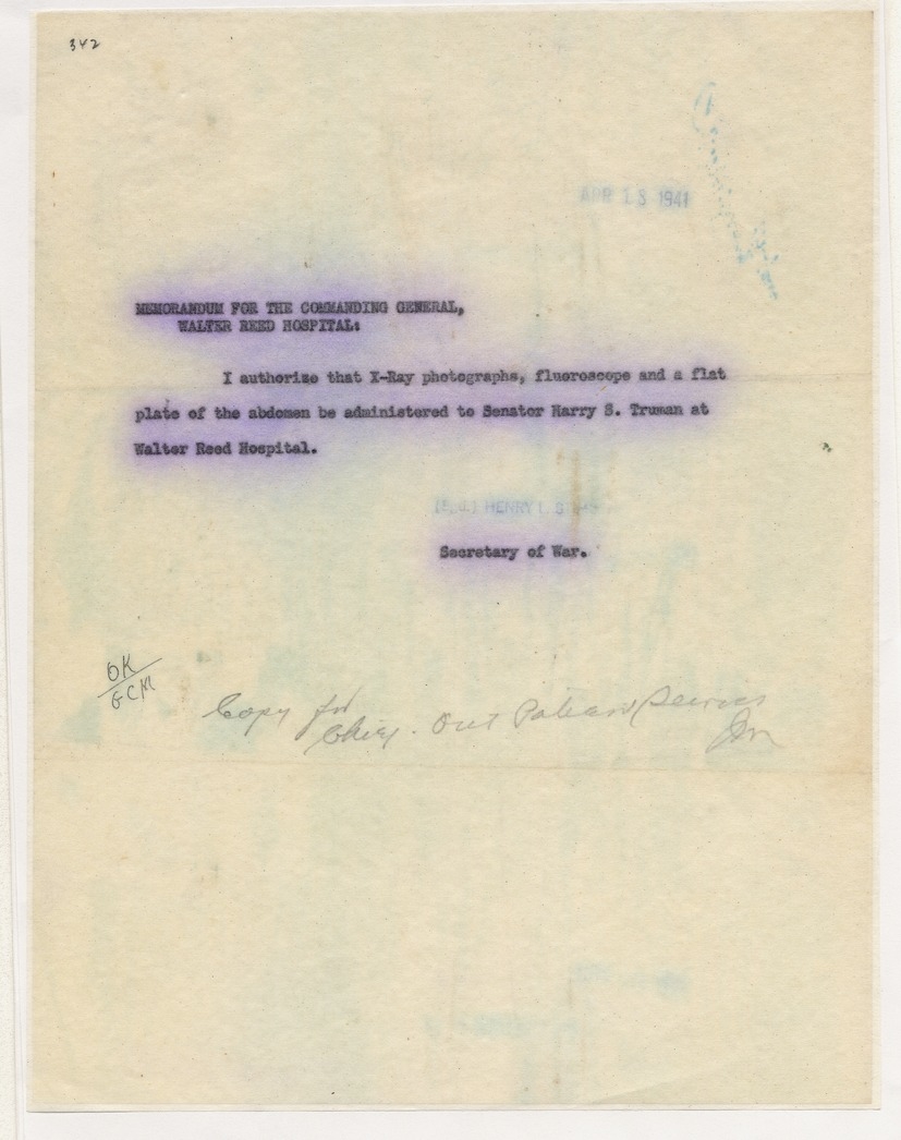 Memorandum from Secretary of War Henry L. Stimson to Commanding General, Walter Reed Hospital