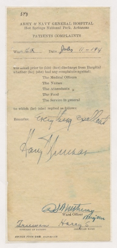 Patients Complaints Form for Senator Harry S. Truman