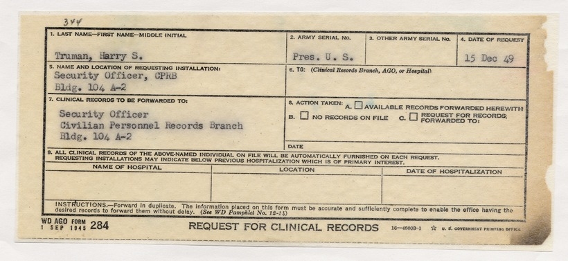 Request for Clinical Records for President Harry S. Truman