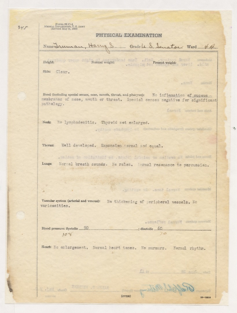 Physical Examination Results for Senator Harry S. Truman