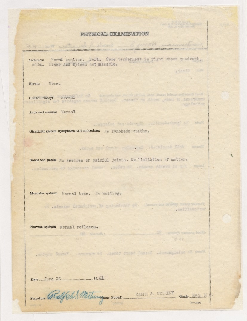 Physical Examination Results for Senator Harry S. Truman
