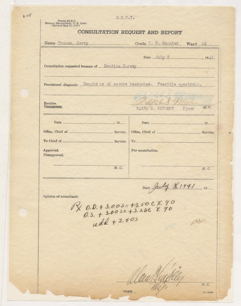 Consultation Request and Report for Senator Harry S. Truman
