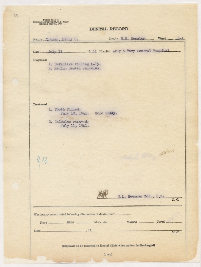Dental Record Report for Senator Harry S. Truman