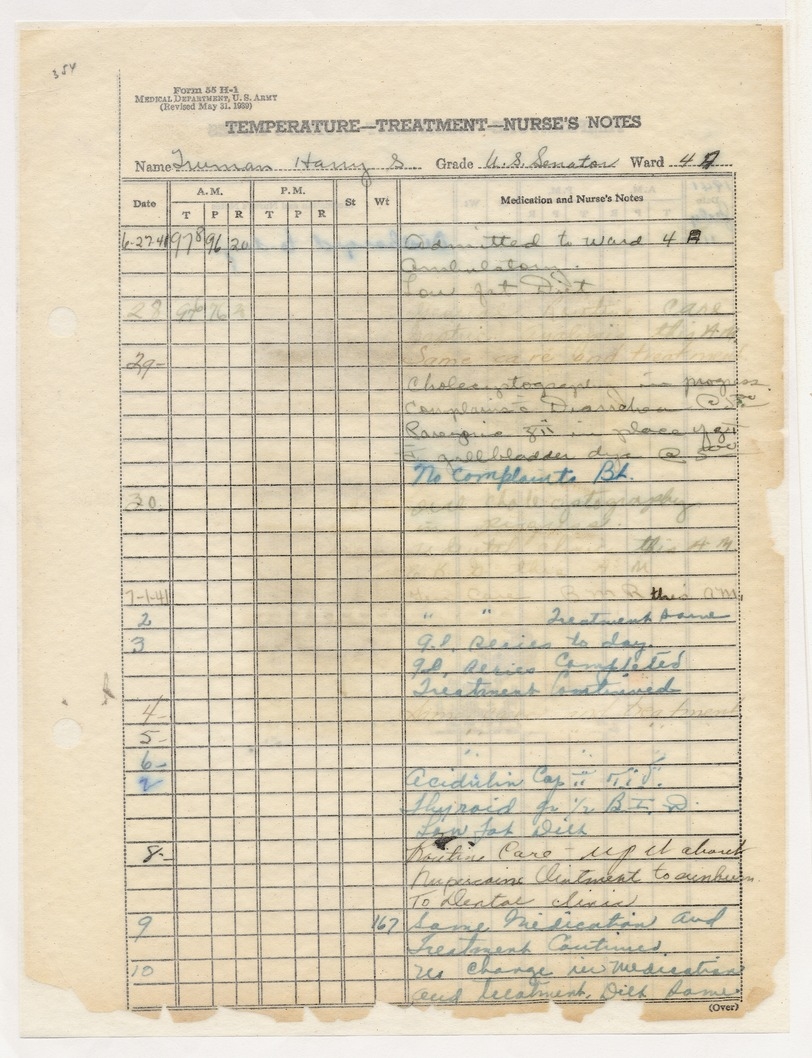Temperature - Treatment - Nurse's Notes for Senator Harry S. Truman
