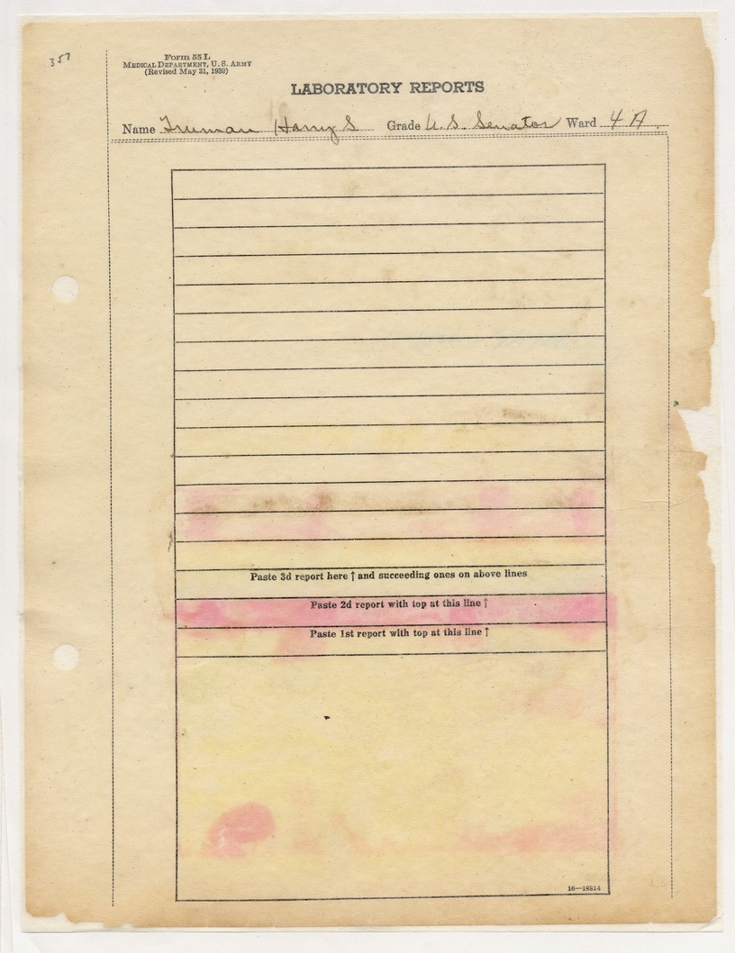 Various Laboratory Reports for Senator Harry S. Truman