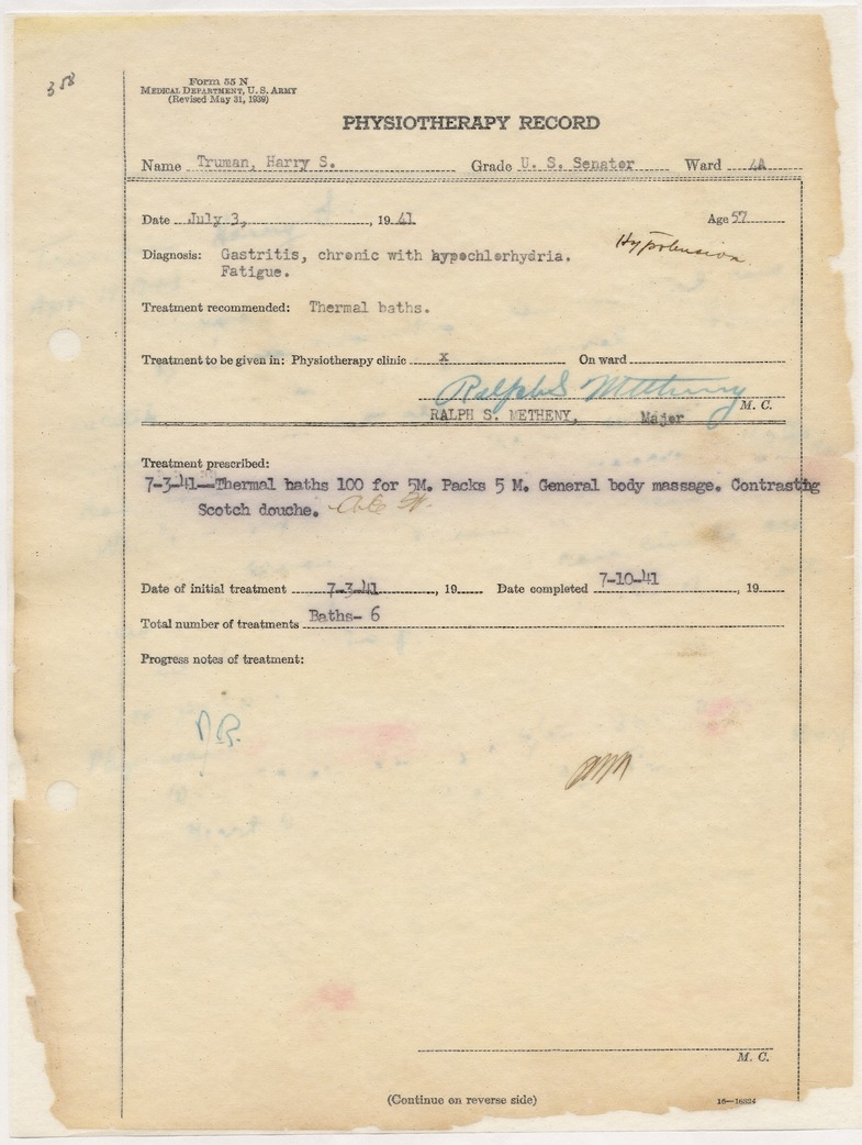 Physiotherapy Record for Senator Harry S. Truman