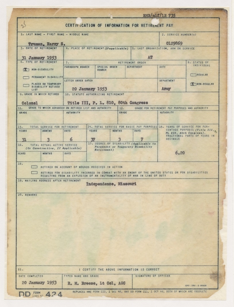 Certification of Information for Retirement Pay for President Harry S. Truman with Attached Chronological Record of Service