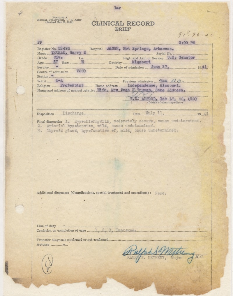 Clinical Record Brief for Senator Harry S. Truman
