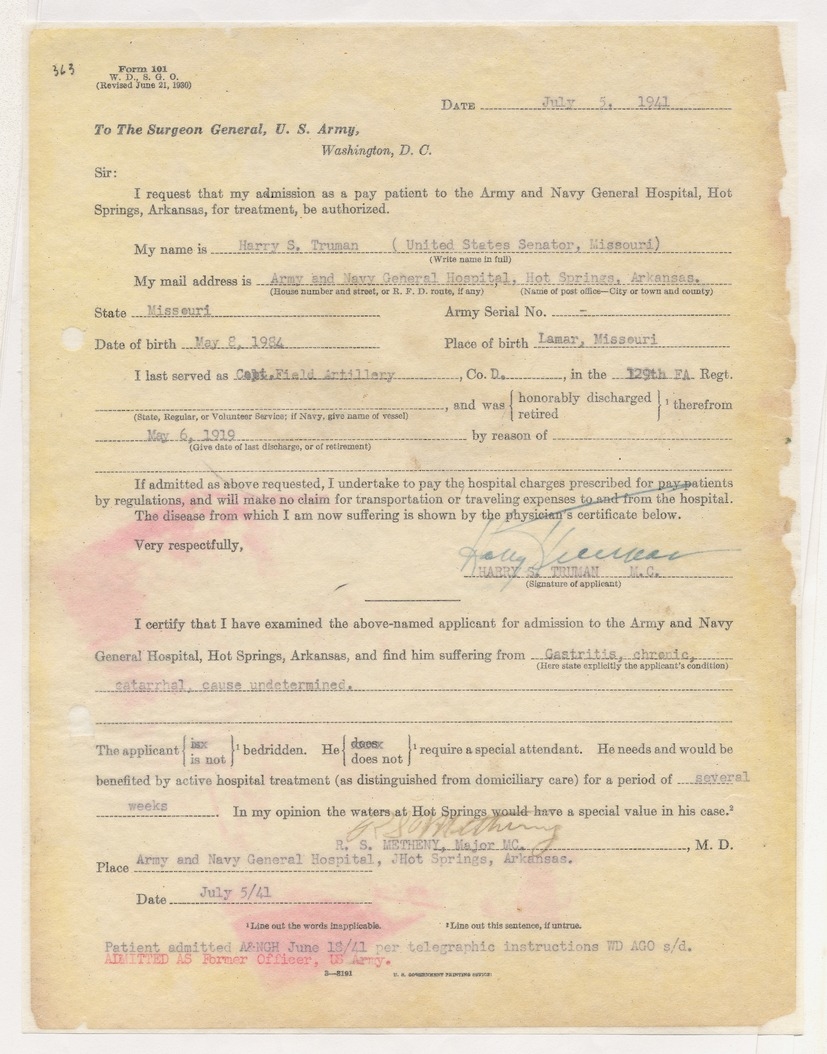Request for Authorization to be Admitted to the Army and Navy General Hospital in Hot Springs, Arkansas, for Senator Harry S. Truman