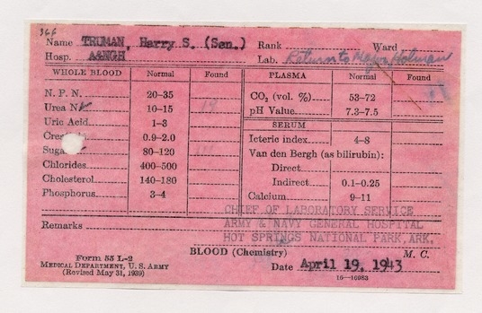 Blood Chemistry Report for Senator Harry S. Truman