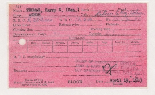 Blood Test Results for Senator Harry S. Truman