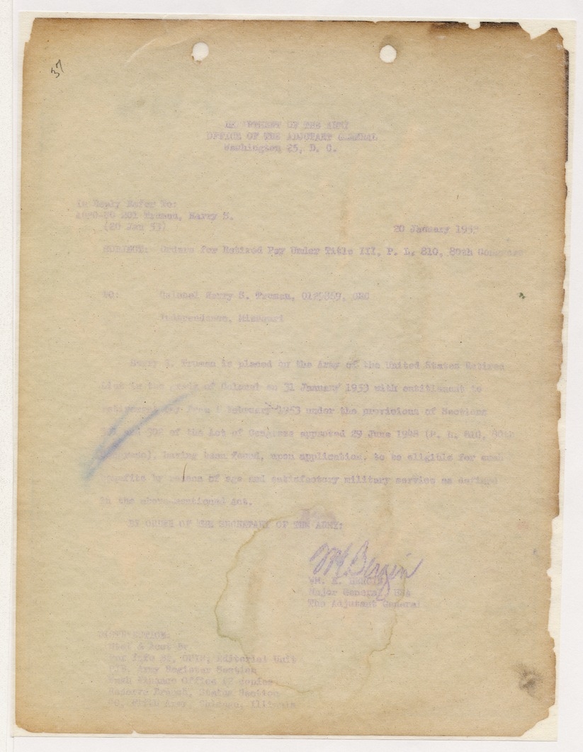 Memorandum from Major General William E. Bergin to Colonel Harry S. Truman