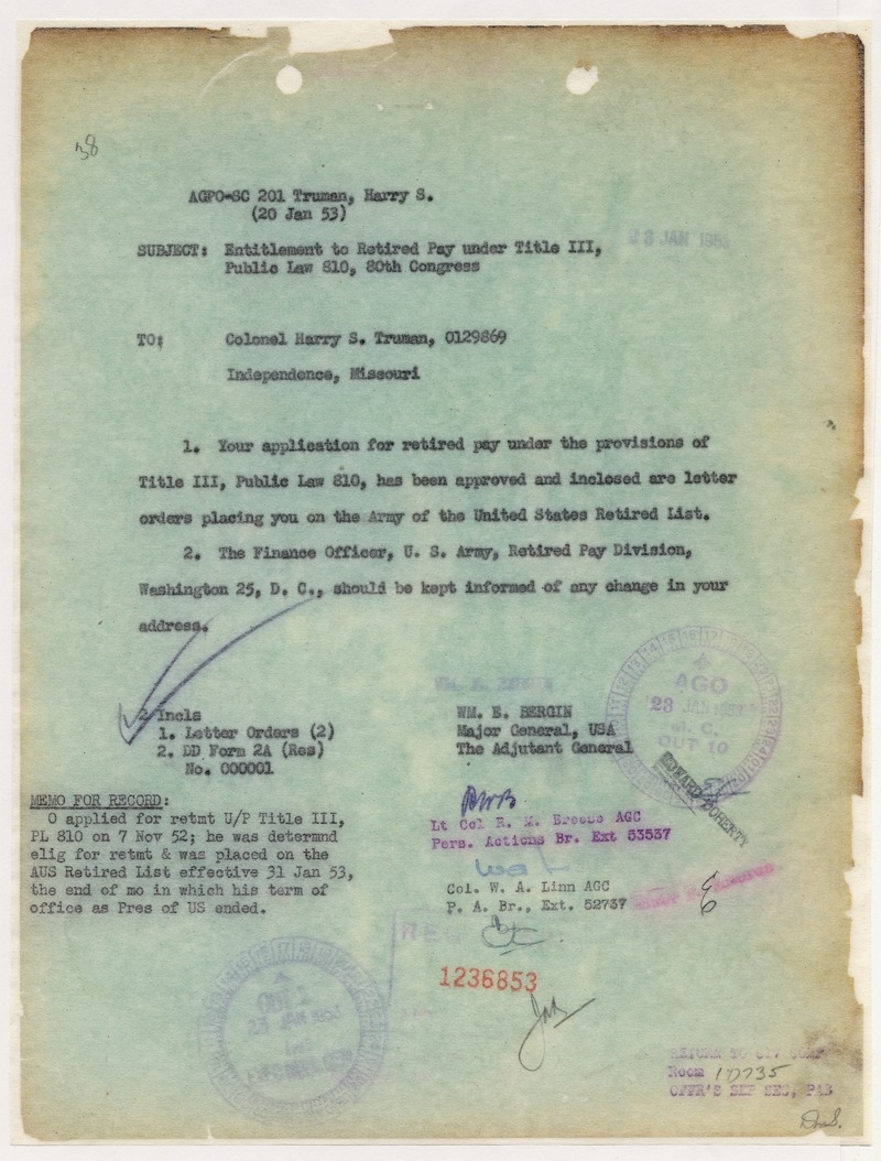 Memorandum from Major General William E. Bergin to Colonel Harry S. Truman