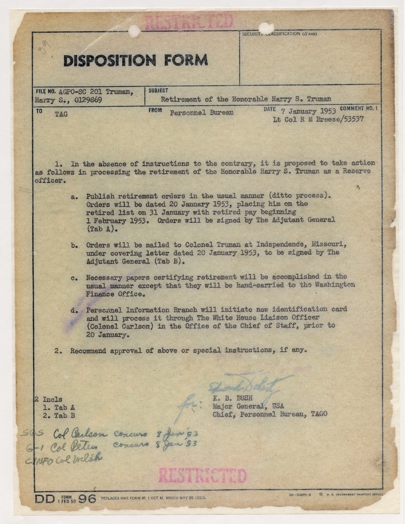 Disposition Form from Major General K. B. Bush to the Adjutant General